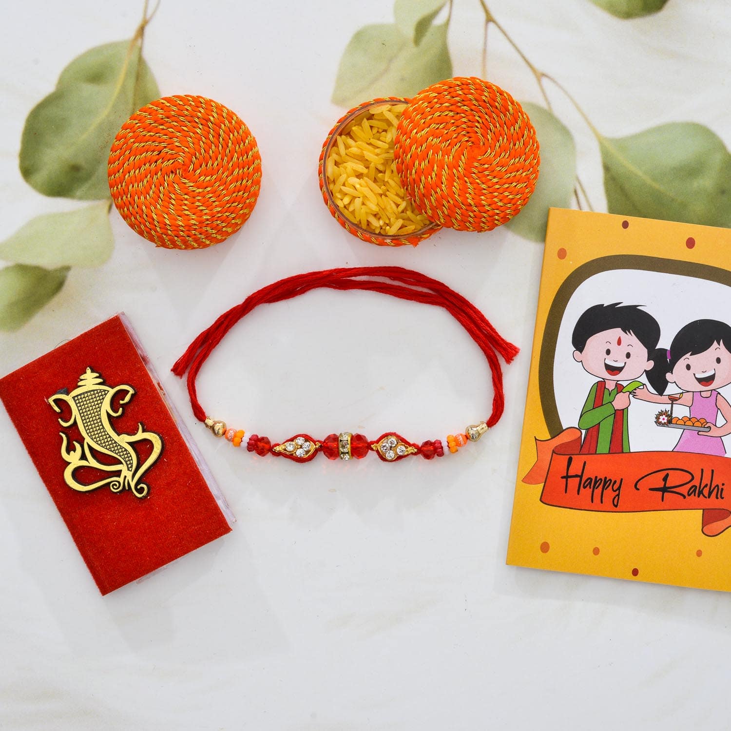 Bright Red Pearl Rakhi  For Brother With Roli Chawal Set