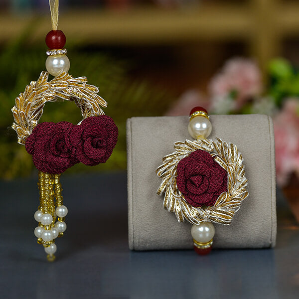 Red Rose With Golden Beads Rakhi Combo For Brother N Bhabhi
