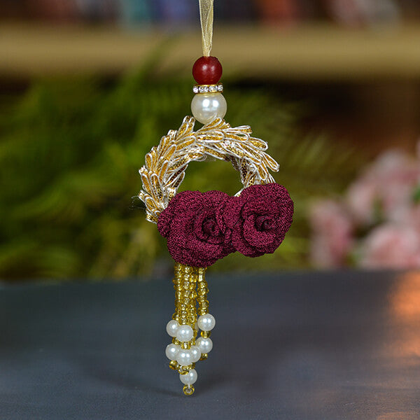 Red Rose With Golden Beads Rakhi Combo For Brother N Bhabhi